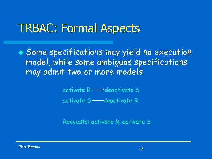 TRBAC: Formal Aspects u Some specifications may yield no execution model, while some ambiguos