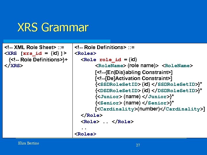 XRS Grammar <!-- XML Role Sheet> : : = <XRS [xrs_id = (id) ]>