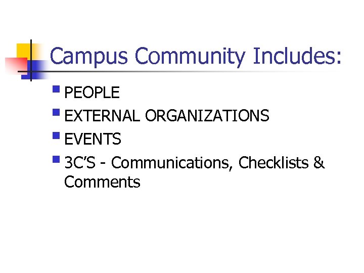 Campus Community Includes: § PEOPLE § EXTERNAL ORGANIZATIONS § EVENTS § 3 C’S -