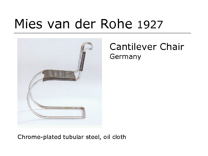 Mies van der Rohe 1927 Cantilever Chair Germany Chrome-plated tubular steel, oil cloth 