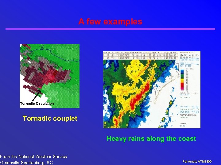 A few examples Tornadic couplet From the National Weather Service Greenville-Spartanburg, SC Heavy rains