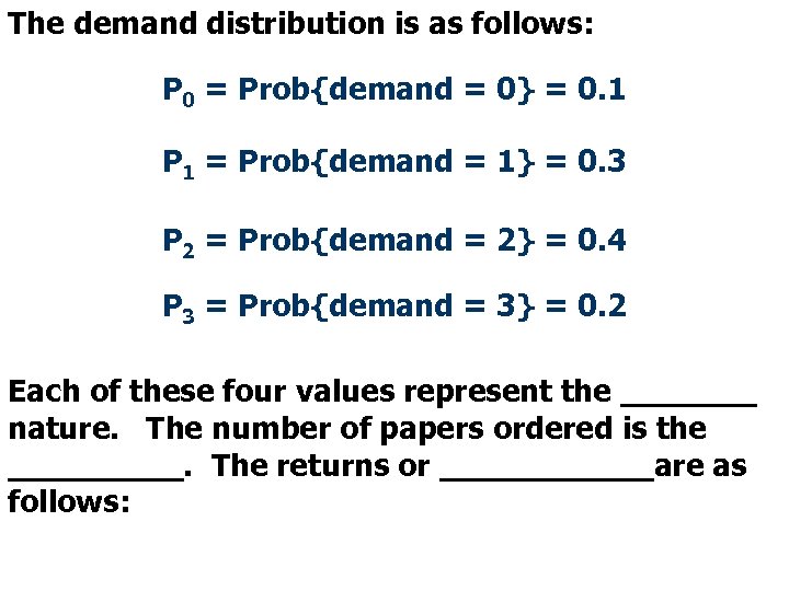 The demand distribution is as follows: P 0 = Prob{demand = 0} = 0.