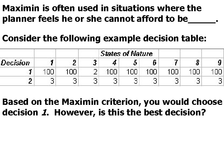 Maximin is often used in situations where the planner feels he or she cannot