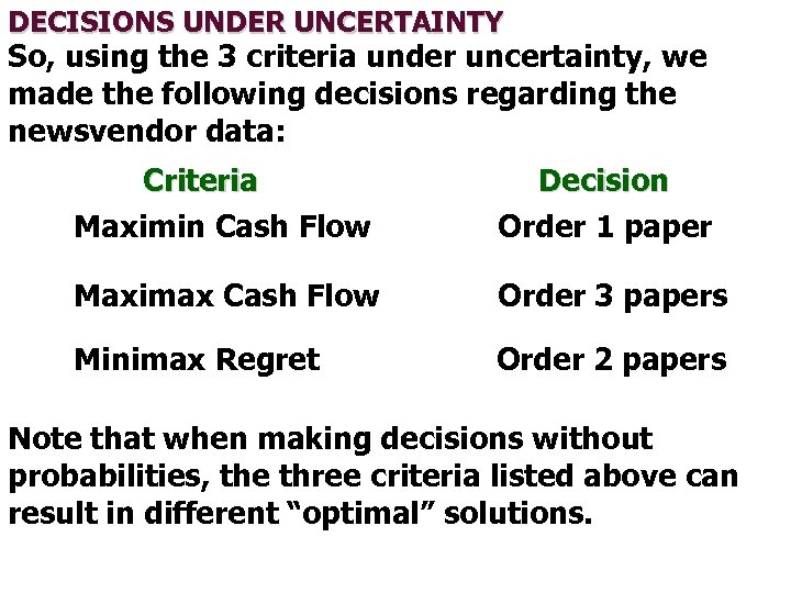 DECISIONS UNDER UNCERTAINTY So, using the 3 criteria under uncertainty, we made the following