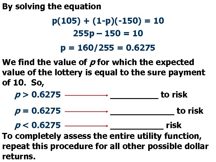 By solving the equation p(105) + (1 -p)(-150) = 10 255 p – 150