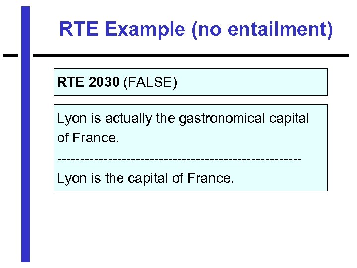 RTE Example (no entailment) RTE 2030 (FALSE) Lyon is actually the gastronomical capital of