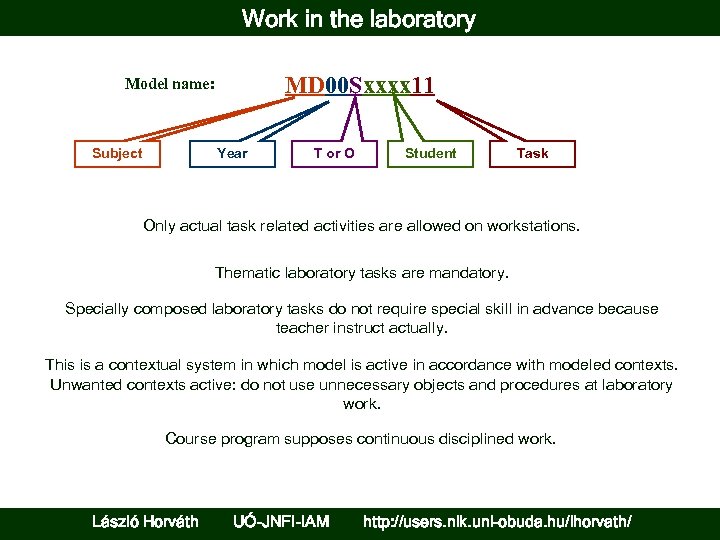 Work in the laboratory MD 00 Sxxxx 11 Model name: Subject Year T or