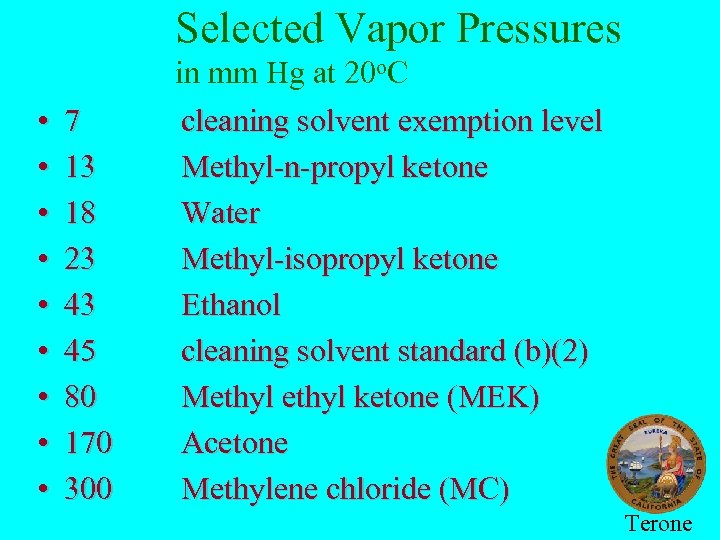 Selected Vapor Pressures • • • 7 13 18 23 43 45 80 170