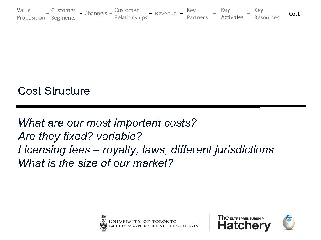 Cost Structure What are our most important costs? Are they fixed? variable? Licensing fees