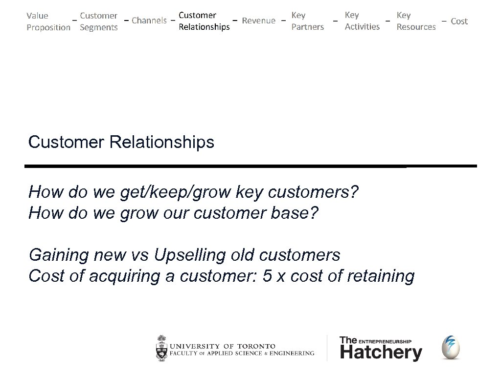 Customer Relationships How do we get/keep/grow key customers? How do we grow our customer