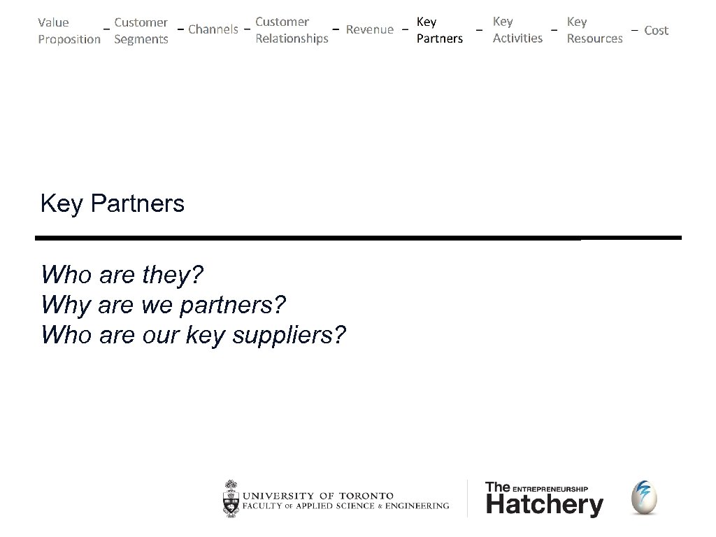 Key Partners Who are they? Why are we partners? Who are our key suppliers?