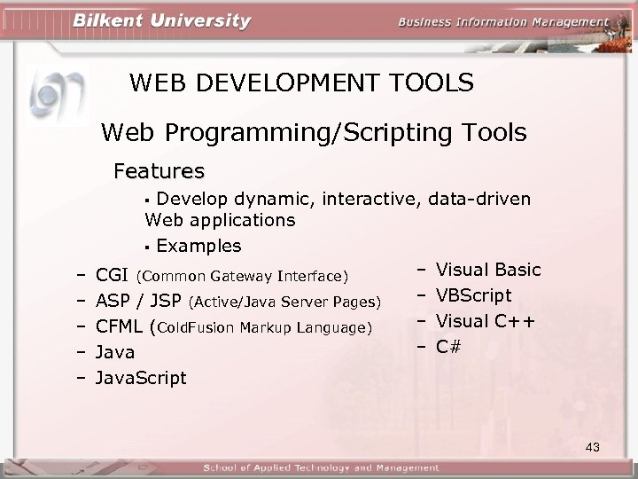 WEB DEVELOPMENT TOOLS Web Programming/Scripting Tools Features Develop dynamic, interactive, data-driven Web applications §