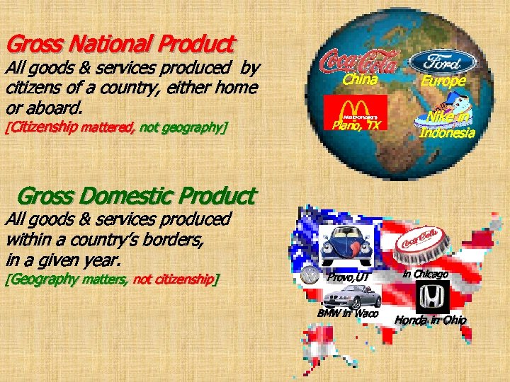 Gross National Product All goods & services produced by citizens of a country, either