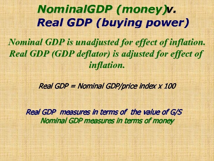 Nominal. GDP (money)v. Real GDP (buying power) Nominal GDP is unadjusted for effect of
