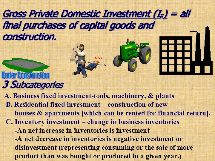 Gross Private Domestic Investment (Ig) = all final purchases of capital goods and construction.