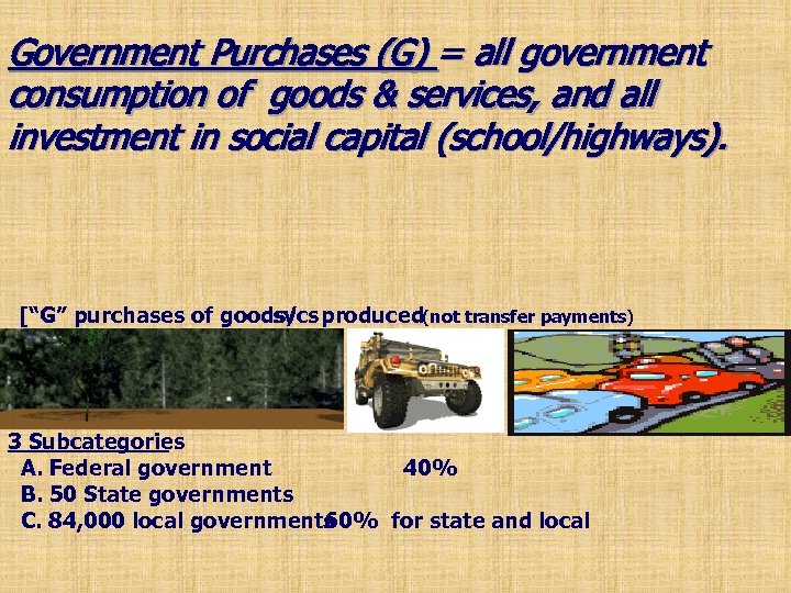 Government Purchases (G) = all government consumption of goods & services, and all investment