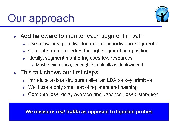 Our approach l Add hardware to monitor each segment in path u u u