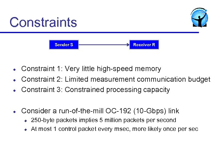 Constraints Sender S Receiver R l Constraint 1: Very little high-speed memory Constraint 2: