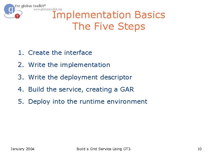 Implementation Basics The Five Steps 1. Create the interface 2. Write the implementation 3.