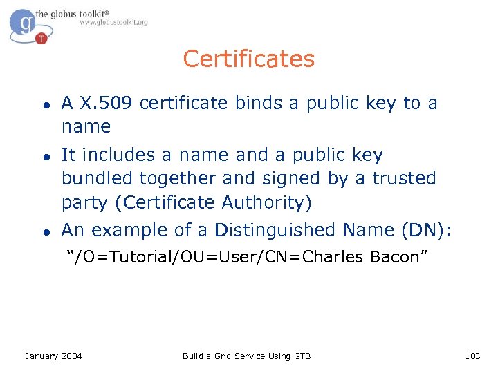 Certificates l l l A X. 509 certificate binds a public key to a