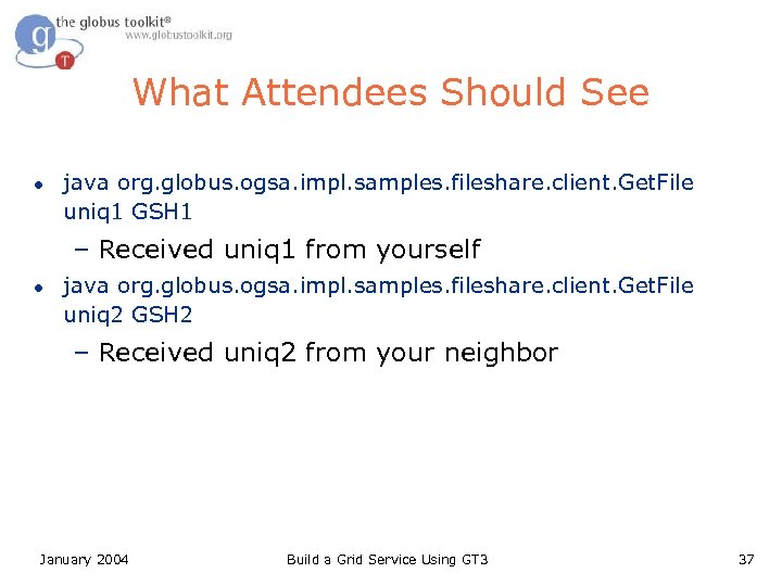 What Attendees Should See l java org. globus. ogsa. impl. samples. fileshare. client. Get.