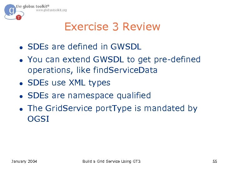 Exercise 3 Review l l SDEs are defined in GWSDL You can extend GWSDL