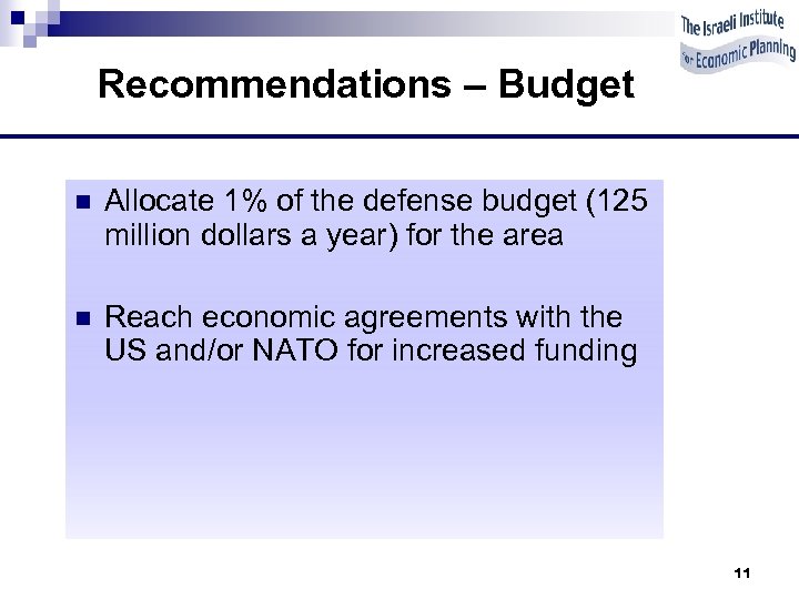 Recommendations – Budget n Allocate 1% of the defense budget (125 million dollars a