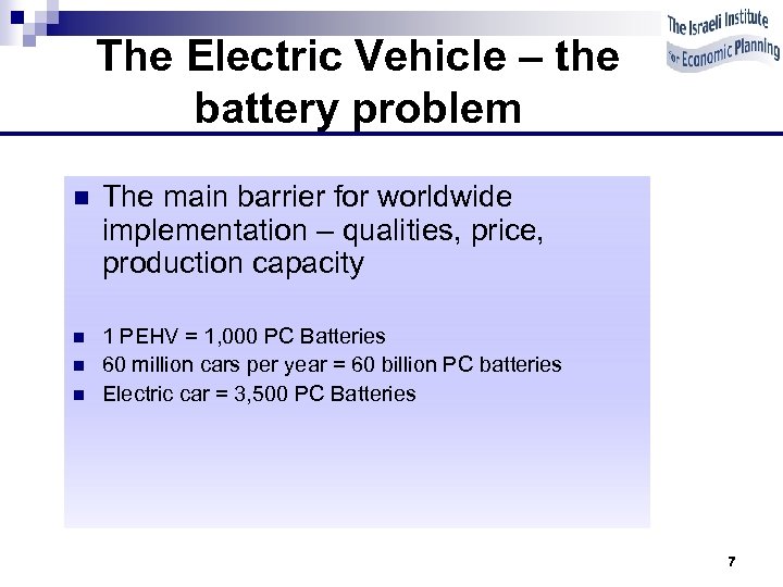 The Electric Vehicle – the battery problem n The main barrier for worldwide implementation