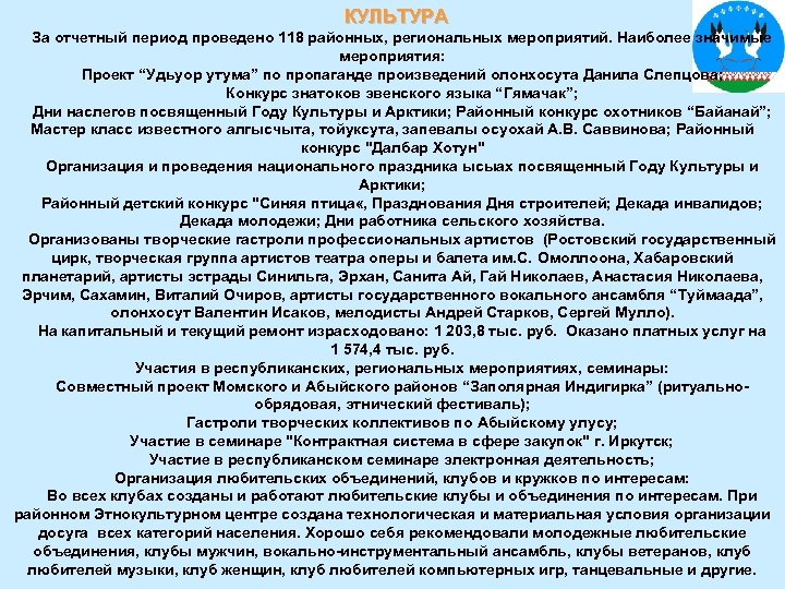 КУЛЬТУРА За отчетный период проведено 118 районных, региональных мероприятий. Наиболее значимые мероприятия: Проект “Удьуор
