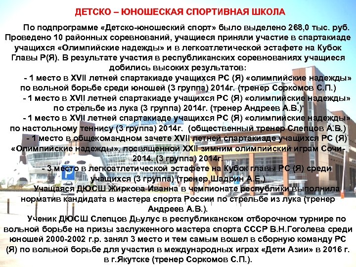 ДЕТСКО – ЮНОШЕСКАЯ СПОРТИВНАЯ ШКОЛА По подпрограмме «Детско-юношеский спорт» было выделено 268, 0 тыс.
