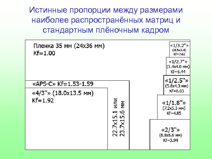 Истинные пропорции между размерами наиболее распространённых матриц и стандартным плёночным кадром 