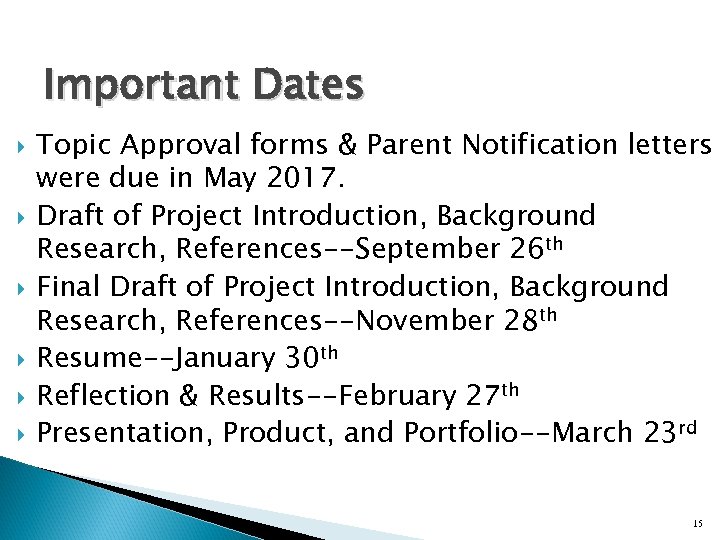 Important Dates Topic Approval forms & Parent Notification letters were due in May 2017.