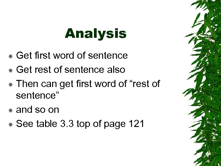 Analysis Get first word of sentence Get rest of sentence also Then can get