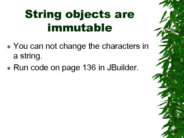 String objects are immutable You can not change the characters in a string. Run