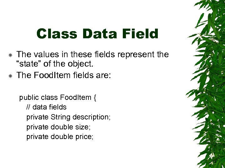 Class Data Field The values in these fields represent the “state” of the object.