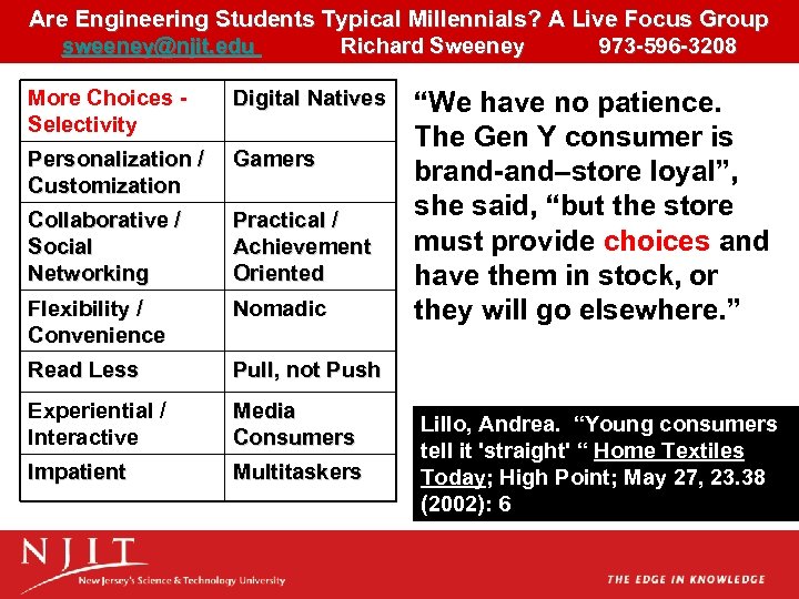 Are Engineering Students Typical Millennials? A Live Focus Group sweeney@njit. edu Richard Sweeney 973