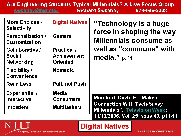 Are Engineering Students Typical Millennials? A Live Focus Group sweeney@njit. edu Richard Sweeney 973