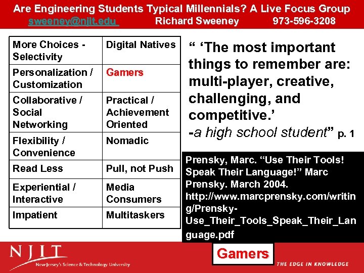 Are Engineering Students Typical Millennials? A Live Focus Group sweeney@njit. edu Richard Sweeney 973