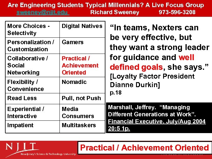 Are Engineering Students Typical Millennials? A Live Focus Group sweeney@njit. edu Richard Sweeney 973