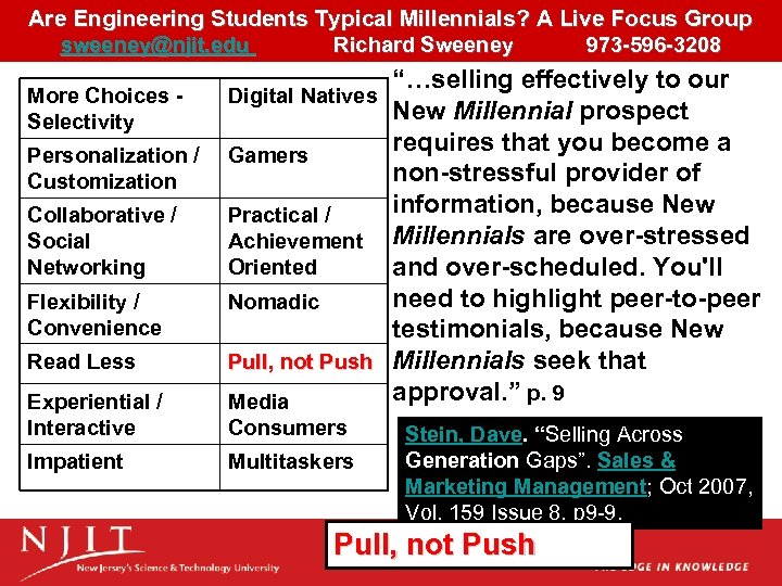 Are Engineering Students Typical Millennials? A Live Focus Group sweeney@njit. edu Richard Sweeney 973