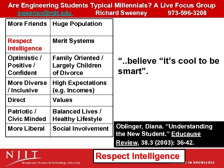 Are Engineering Students Typical Millennials? A Live Focus Group sweeney@njit. edu Richard Sweeney 973