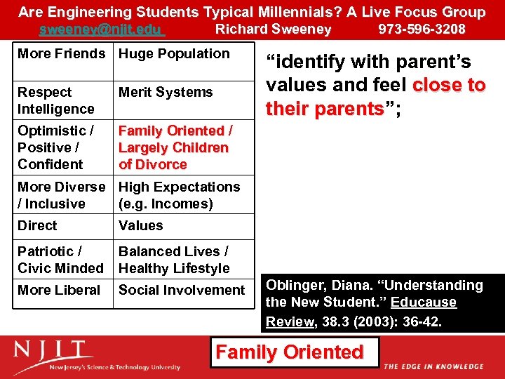 Are Engineering Students Typical Millennials? A Live Focus Group sweeney@njit. edu Richard Sweeney 973