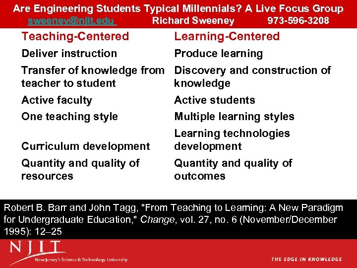 Are Engineering Students Typical Millennials? A Live Focus Group sweeney@njit. edu Richard Sweeney 973