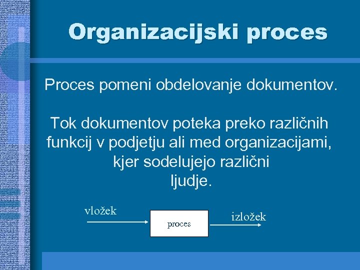 Organizacijski proces Proces pomeni obdelovanje dokumentov. Tok dokumentov poteka preko različnih funkcij v podjetju