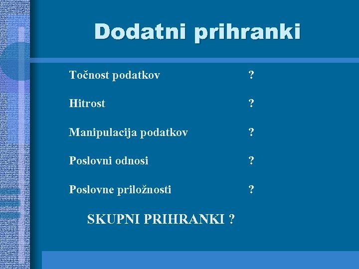 Dodatni prihranki Točnost podatkov ? Hitrost ? Manipulacija podatkov ? Poslovni odnosi ? Poslovne