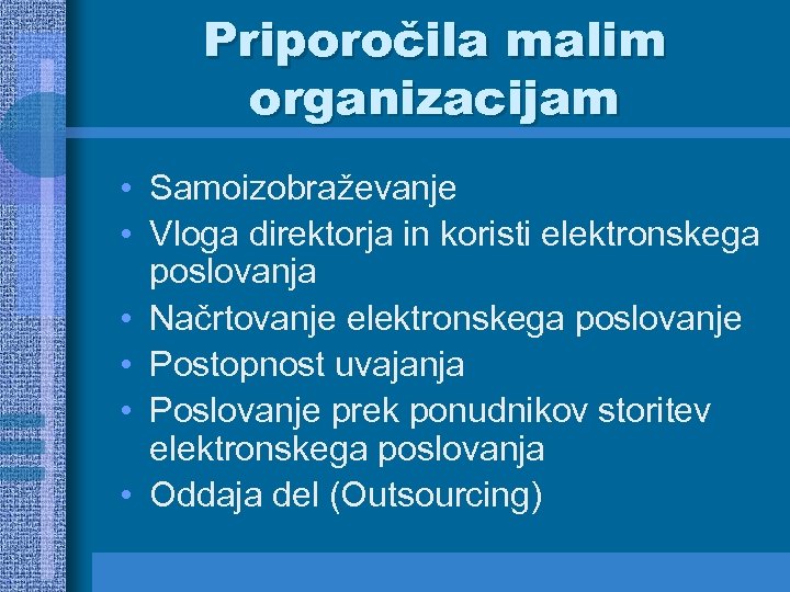 Priporočila malim organizacijam • Samoizobraževanje • Vloga direktorja in koristi elektronskega poslovanja • Načrtovanje