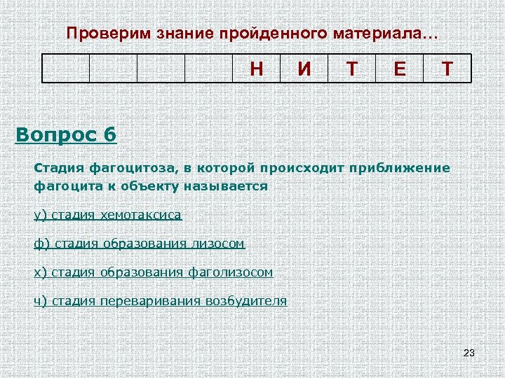 Проверим знание пройденного материала… Н И Т Е Т Вопрос 6 Стадия фагоцитоза, в