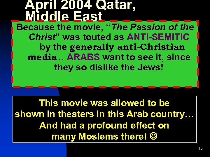 April 2004 Qatar, Middle East Because the movie, “The Passion of the Christ” was
