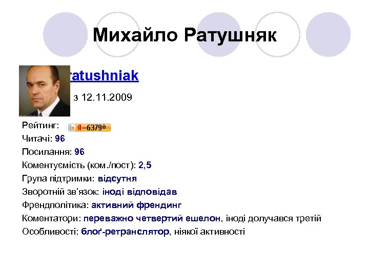 Михайло Ратушняк ratushniak з 12. 11. 2009 Рейтинг: Читачі: 96 Посилання: 96 Коментуємість (ком.