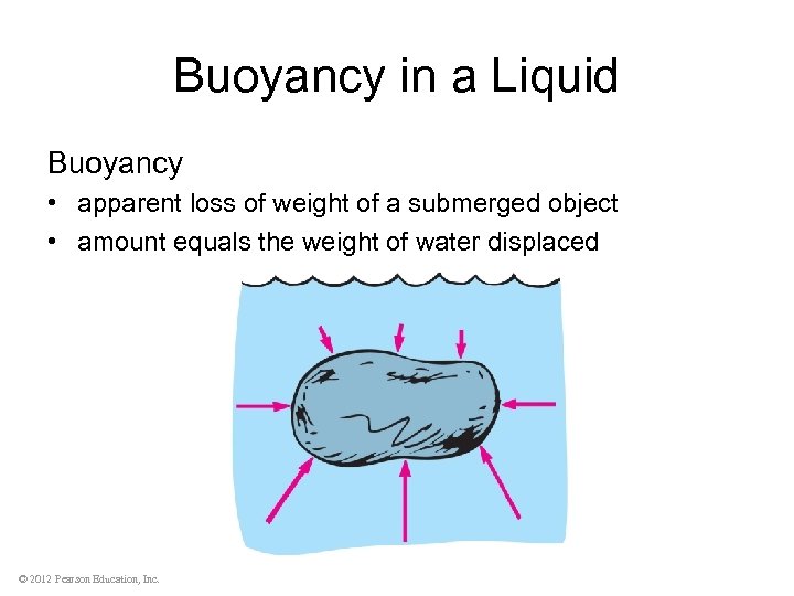 Buoyancy in a Liquid Buoyancy • apparent loss of weight of a submerged object